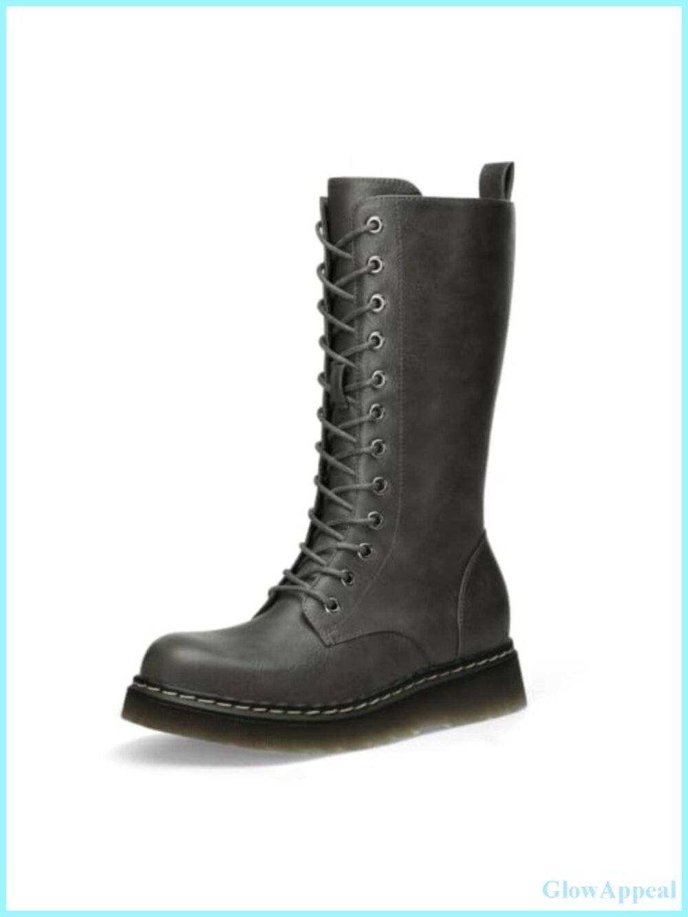 Mid-Calf Lace Up Combat Boots with Side Zip - Faux Leather Platform
